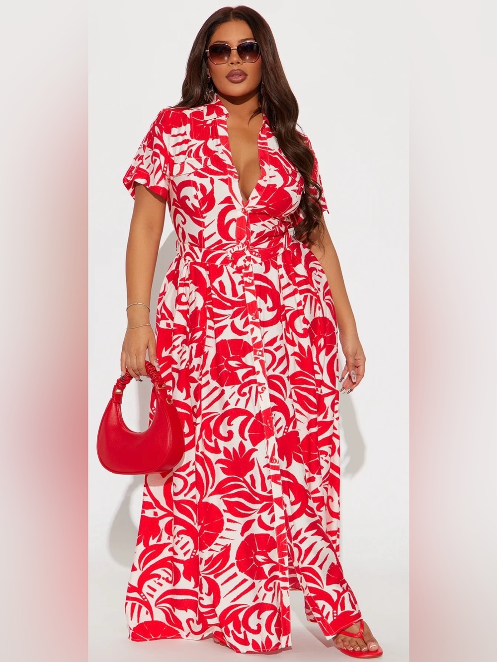 Fashion Nova Red & White Floral Wrap Maxi Dress